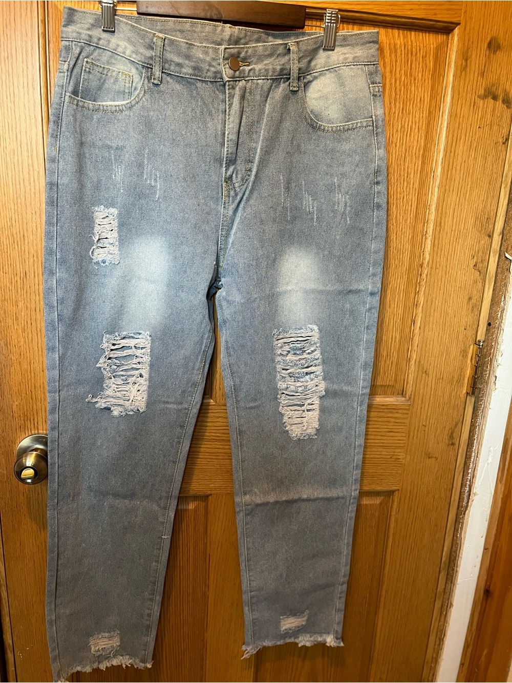Women's Slim Straight Distressed Jeans - Light Blue